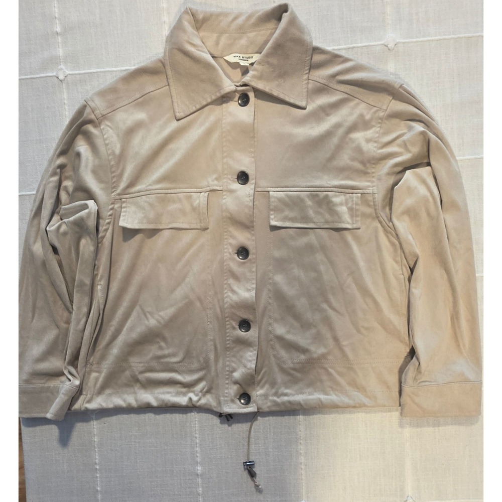 Max Studio London Faux Suede Utility Jacket Tan Beige Button Front Pockets M